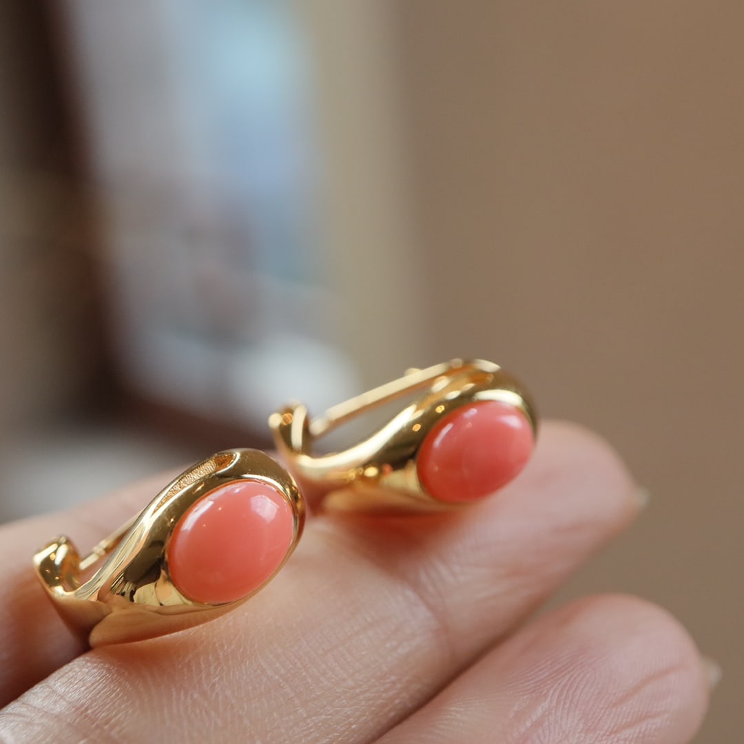 S925 silver earrings with inlaid red coral - 2