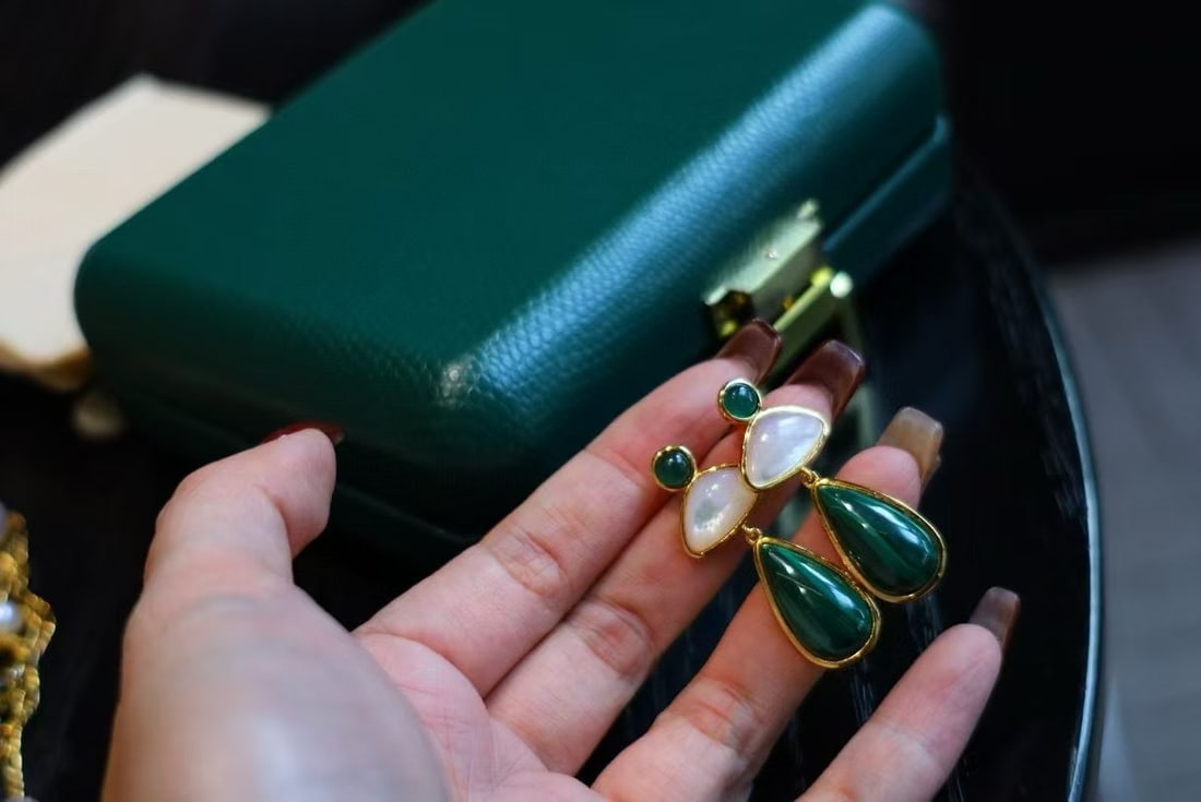 s925 silver plated gold, peacock stone, white mother-of-pearl jade earrings - 3