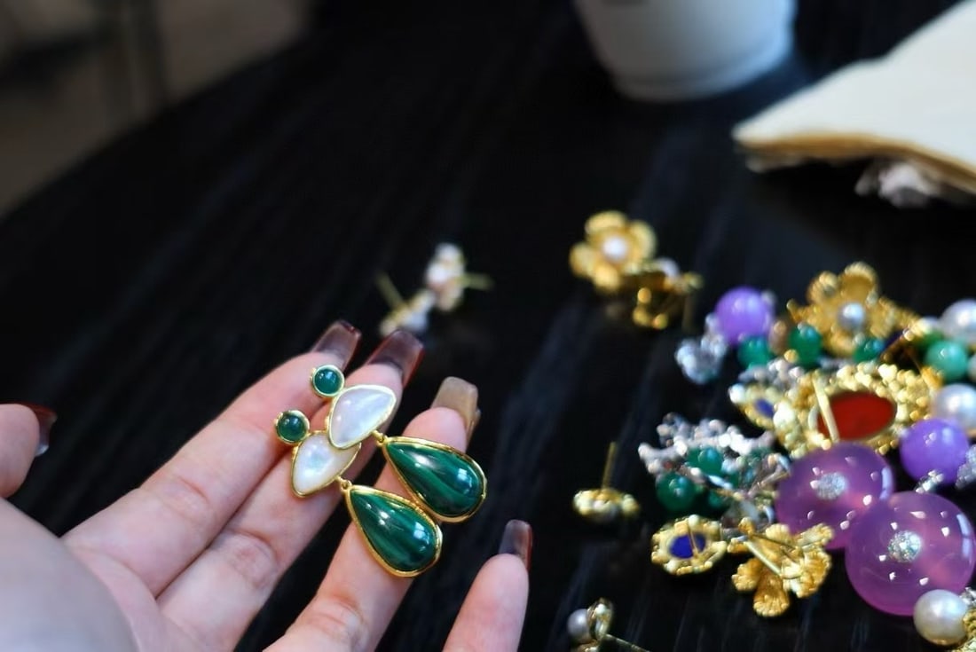 s925 silver plated gold, peacock stone, white mother-of-pearl jade earrings - 5