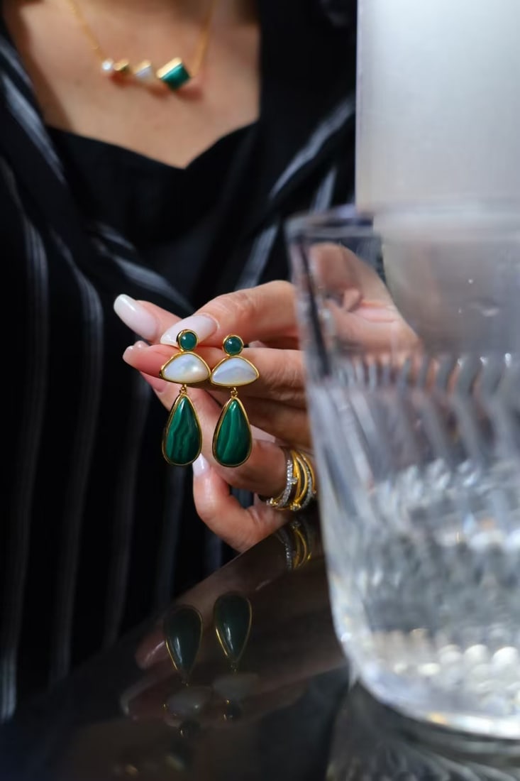 s925 silver plated gold, peacock stone, white mother-of-pearl jade earrings - 6