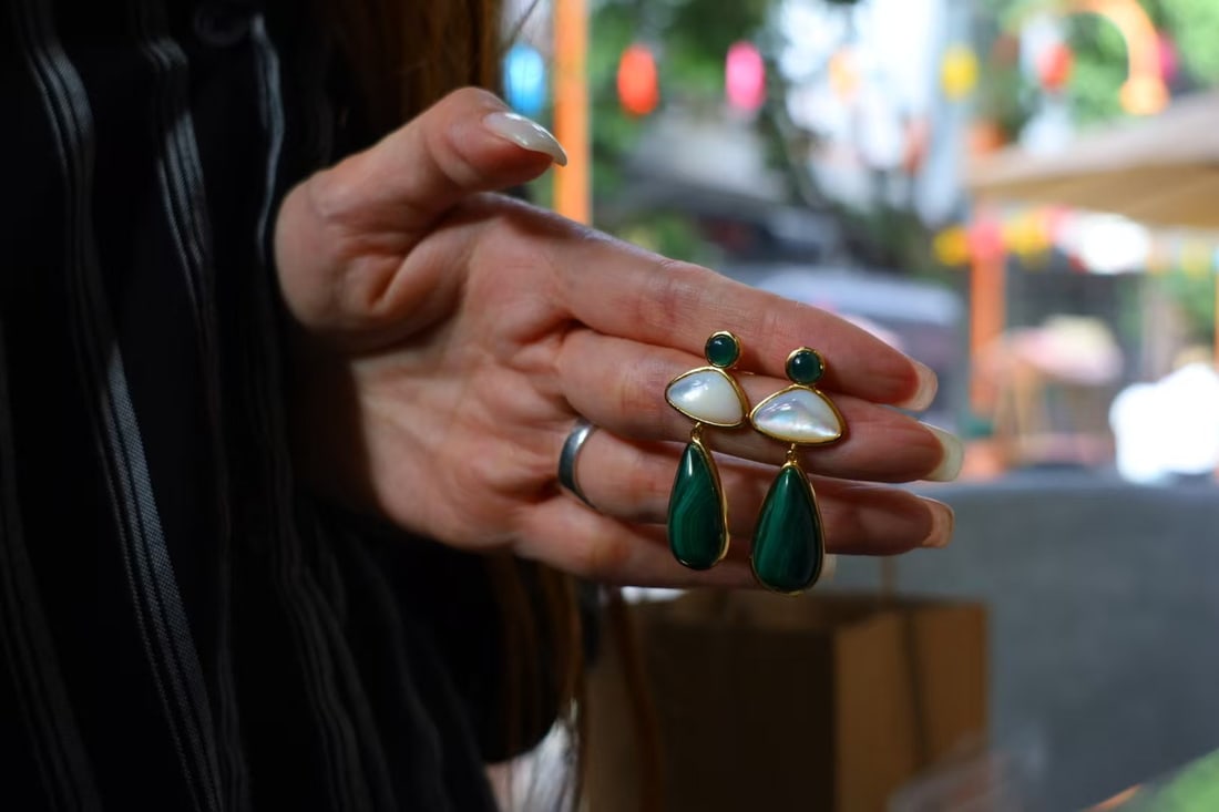 s925 silver plated gold, peacock stone, white mother-of-pearl jade earrings - 7