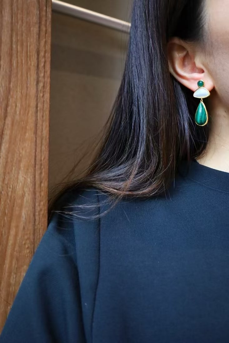 s925 silver plated gold, peacock stone, white mother-of-pearl jade earrings - 8