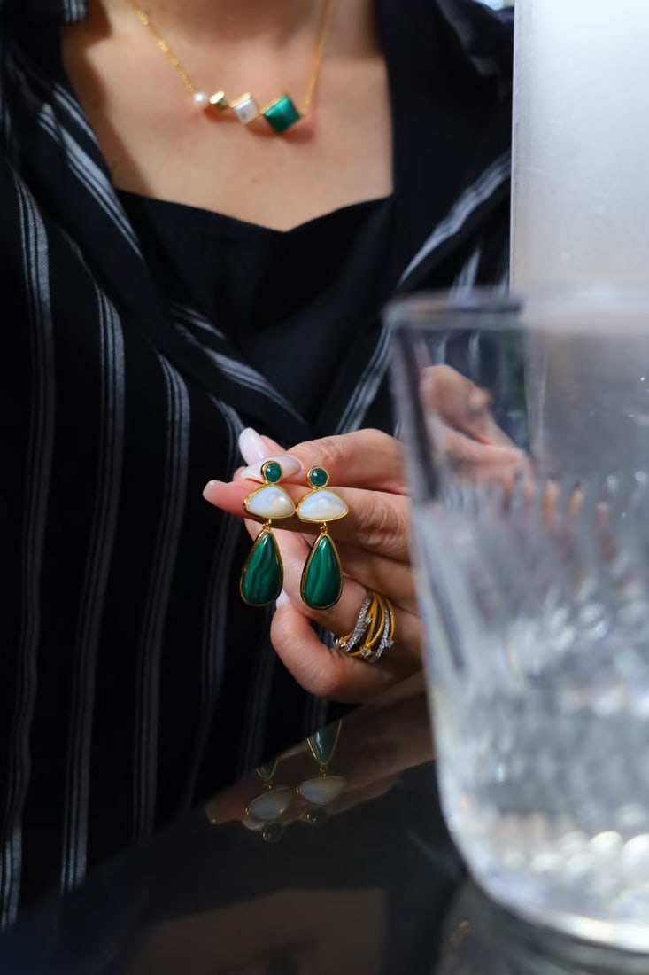 s925 silver plated gold, peacock stone, white mother-of-pearl jade earrings - 9