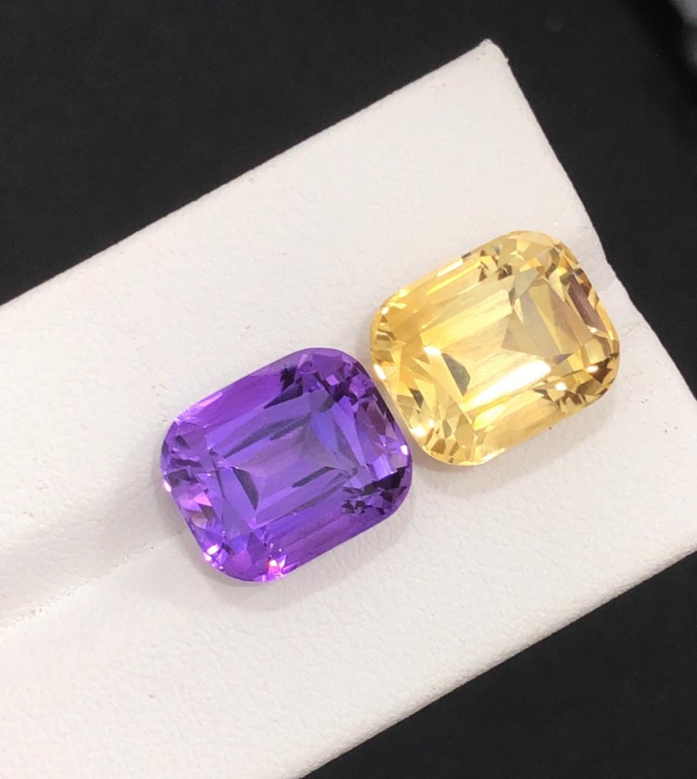Reverse Calibrated Pair Of Natural Amethyst And Citrine Cushion Cut Loose Gemstone - 17.45 Carat (1 of 4)