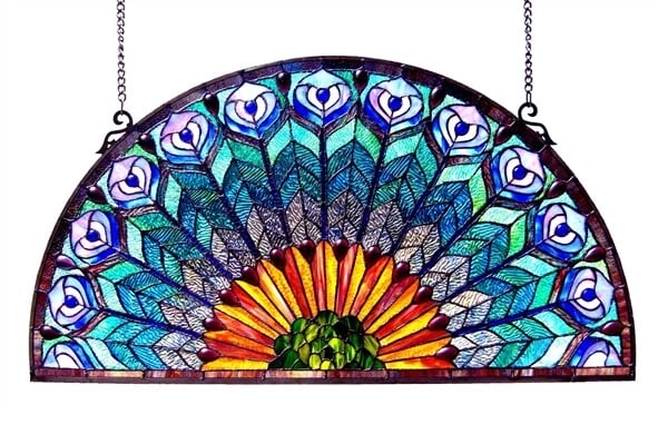 35" x 18" Hanging Stained Glass Half Circle Window Panel Suncatcher: Title: 35" x 18" Hanging Stained Glass Half Circle Window Panel SuncatcherDescription: 35"x 18" Such a wonderful new reproduction stained glass window panel. This panel is a true testament to the