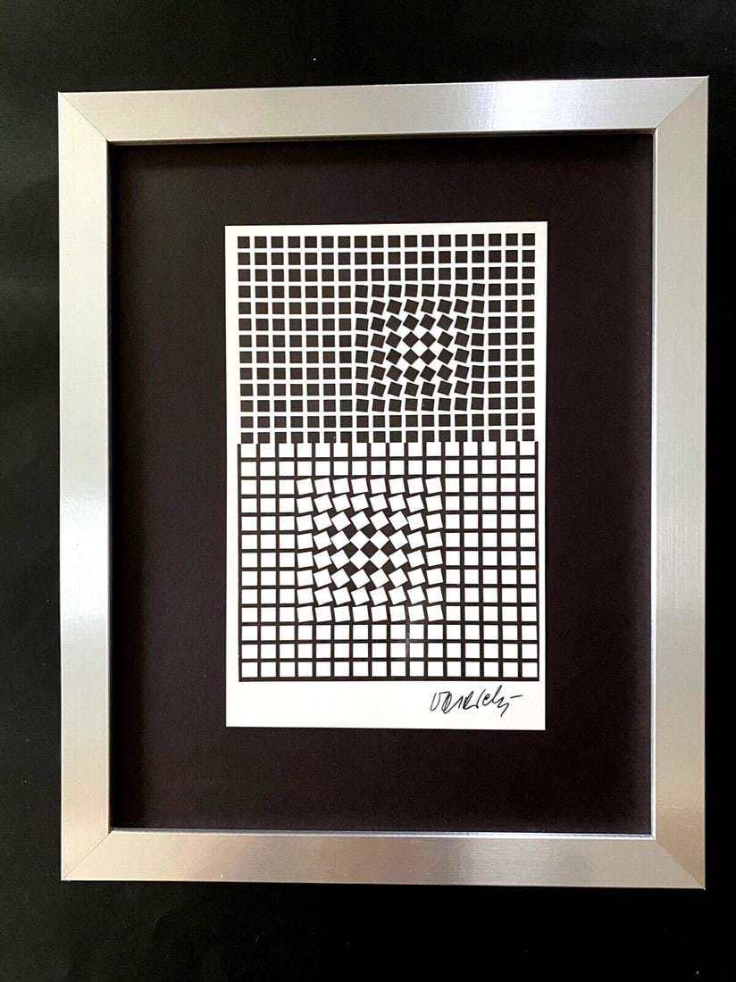 VICTOR VASARELY PRINT FROM 1970 + SIGNED GEOMETRIC ABSTRACT +NEW FRAME 14x11in.: We have for Sale this 1970's PRINT AFTER VICTOR VASARELY FACSIMILE SIGNED IN INK FRAME COVERS AN AREA OF 16 X 13 in PRINT IS MOUNTED OVER A BLACK BOARD FRAMED IN BRAND NEW SILVER FRAME EXCELLENT CONDI