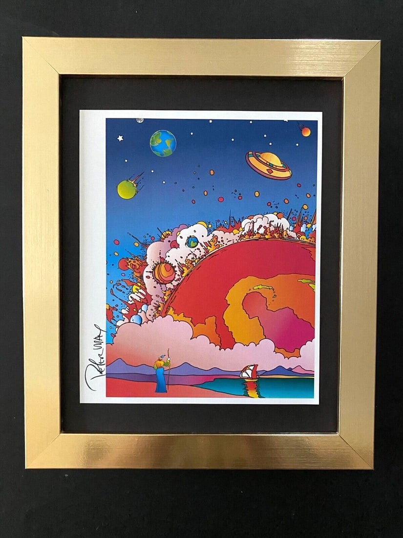Peter Max | Vintage Print Signed | Collector Piece Framed: Up for Sale this Beautiful Vintage Offset Lithograph after Peter Max Facsimile Signed This piece is mounted on a 10 x 8 in. black acid free black board. Matted in White. Framed in Silver covering an