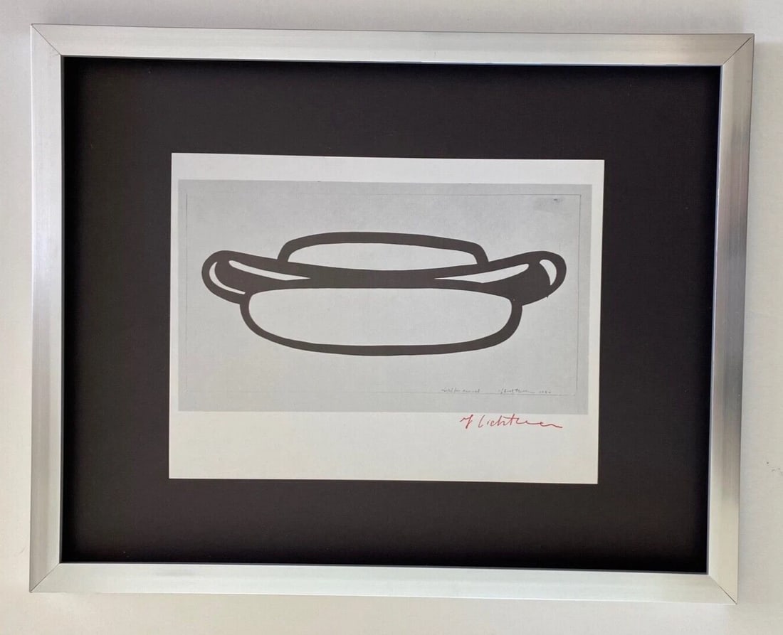 Roy Lichtenstein | Vintage 1970 Signed | Mounted & Framed Offset Lithograph |: Up for Auction this Beautiful and Scarce Vintage 1972 Offset Lithograph Roy Lichtenstein "HOT DOG" Stamp Signed Art Print is about 8 X 10 in. This piece is mounted on a 11 x 14 in. black acid free bla