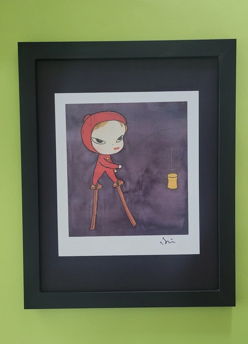 YOSHITOMO NARA | BEAUTIFUL PRINT FROM JAPAN | SIGNED MOUNTED AND FRAMED 14X11IN.: YOSHITOMO NARA FRAMED PRINT FROM TOKYO FACSIMILE SIGNED IN INK MOUNTED IN A BLACKBOARD 14 X 11 in FRAME COVERS AN AREA OF 16 X 13 in MOUNTED AND FRAMED EXCELLENT CONDITIONS Reserve: $120.00 