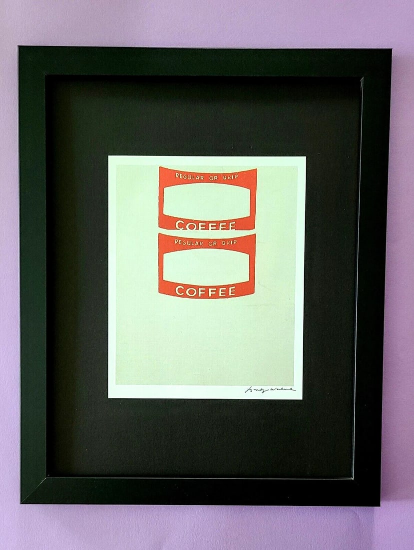 Andy Warhol | Vintage 1984 " COFFEE LABELS " Print Signed | Mounted and Framed: Up for Auction this Beautiful and Scarce Vintage 1984 Offset Lithograph after Andy Warhol " COFFEE LABELS " Facsimile Signature in ink This Art Print is mounted on a 14 x 11 in. black acid free