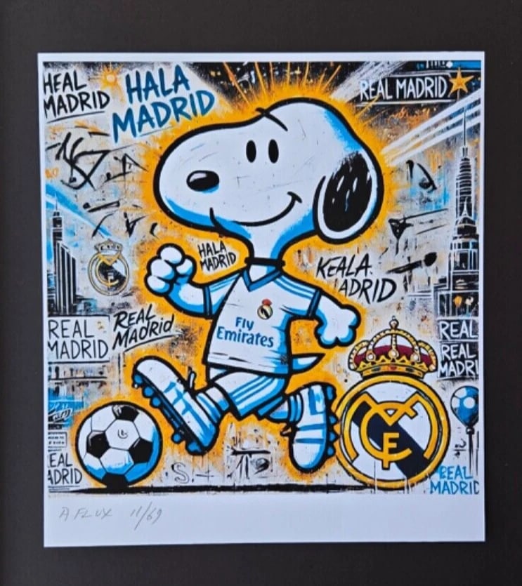 AIDAN FLUX | Hand Signed Print Ed. of Only 69 SNOOPY REAL MADRID SOCCER COA - 2