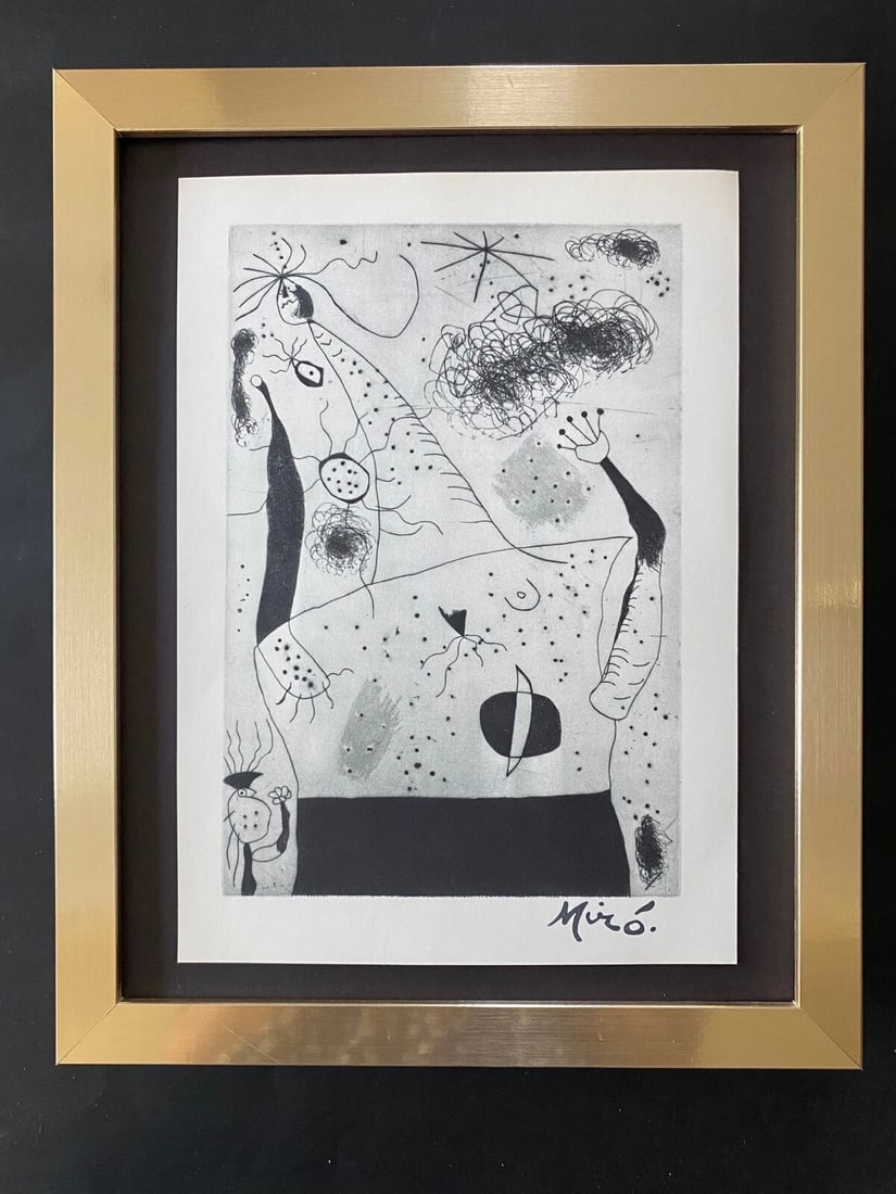 Joan Miro | Vintage 1958 Signed Print | Mounted and Framed: Up for Auction this Beautiful and Scarce Vintage 1958 Print JOAN MIRO Facsimile Signature in ink. Art Print is about 12 X 9 in. This piece is Mounted in an acid free blackboard and Framed covering