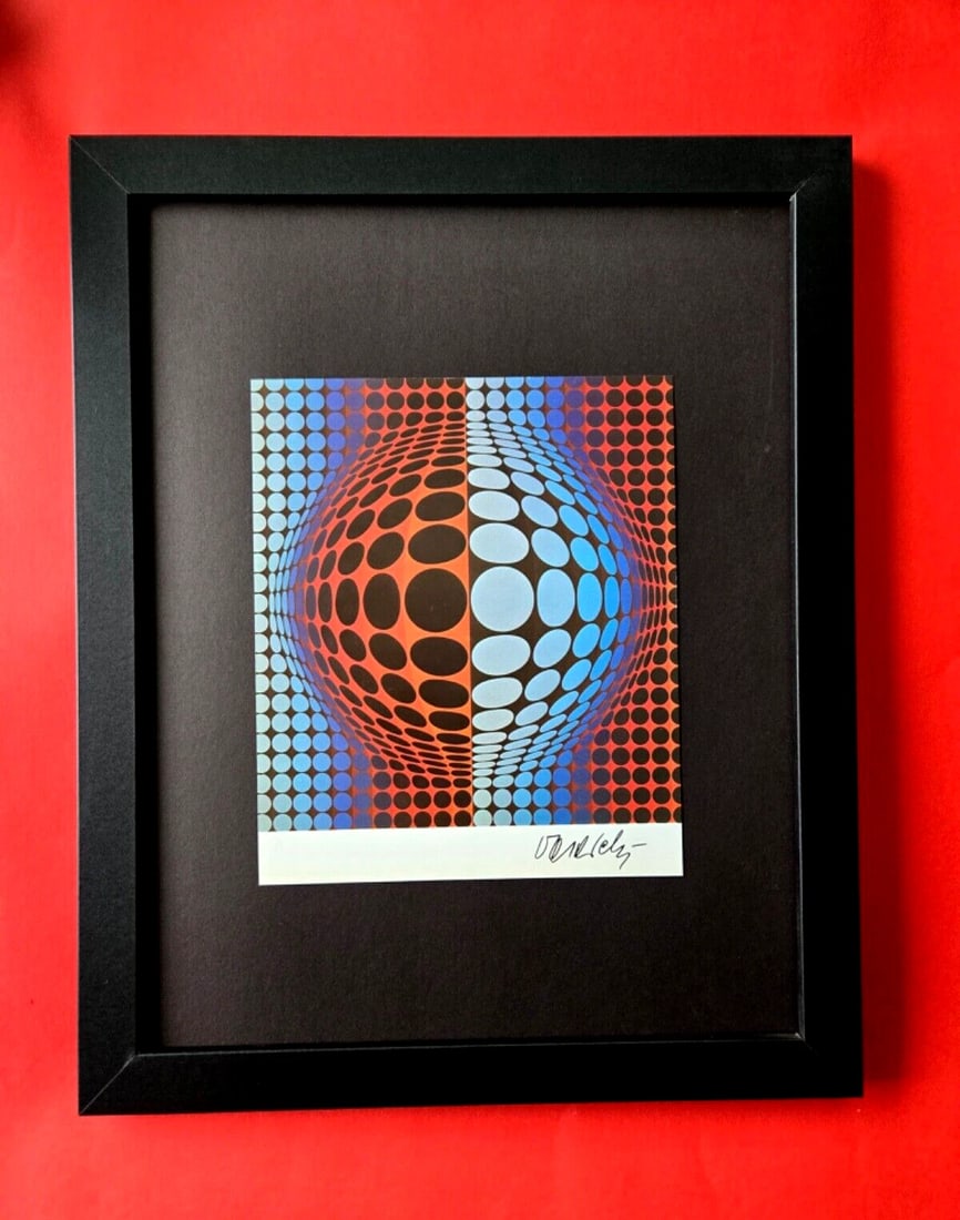 VICTOR VASARELY PRINT FROM 1970 + SIGNED GEOMETRIC ABSTRACT +NEW FRAME 14x11in$: We have for Sale this 1970's PRINT AFTER VICTOR VASARELY FACSIMILE SIGNED IN INK FRAME COVERS AN AREA OF 16 X 13 in PRINT IS MOUNTED OVER A BLACK BOARD FRAMED IN BRAND NEW BLACK FRAME EXCELLENT CONDIT