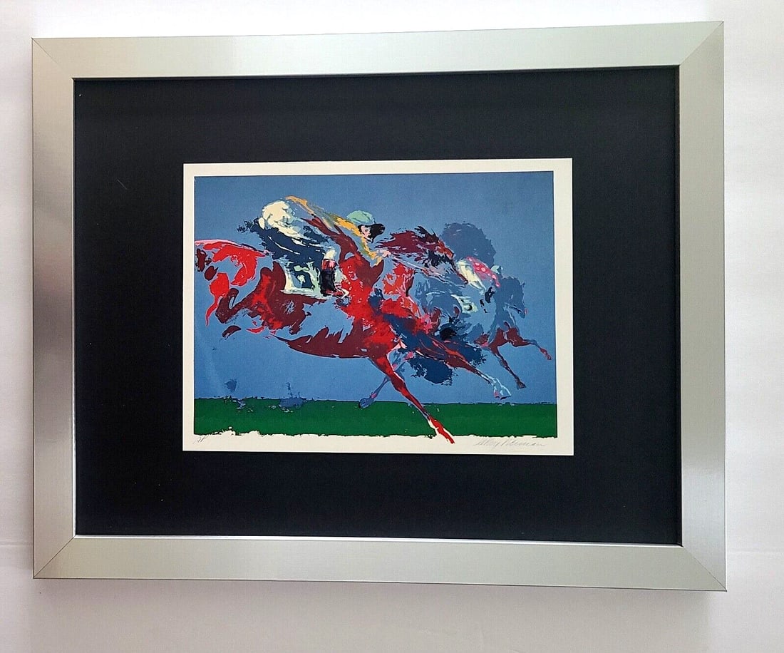 LeRoy Neiman " THE RACE " Signed Pop Art Collector Piece Framed: Beautiful and Scarce Original 1991 Print After Leroy Neiman " THE RACE " Signed on the Plate This piece is mounted on a 11 x 14 in. black acid free premium black board. Framed covers an area of 15x12i