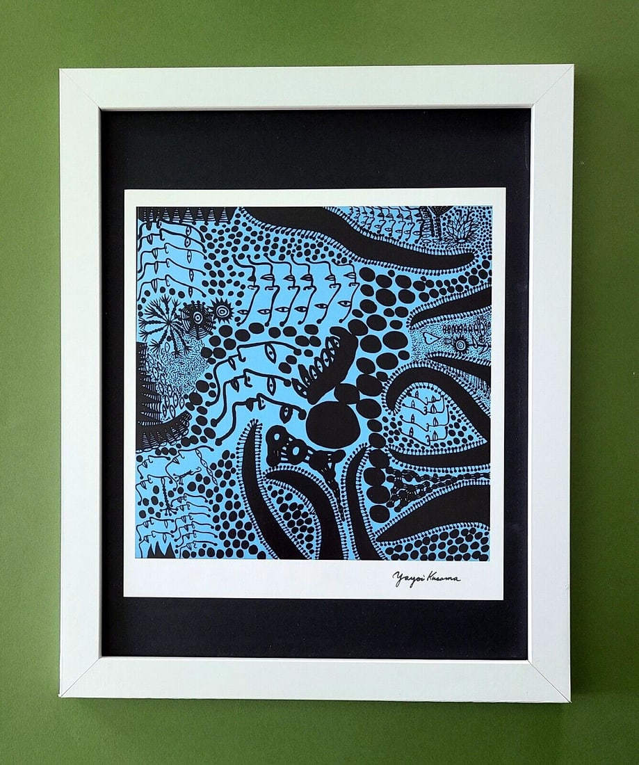 Yayoi Kusama | 1990's Artistic Pop Art Print Signed | Mounted and Framed |: Up for Sale this Beautiful and Scarce Vintage Offset Lithograph After Yayoi Kusama Facsimile Signed in Ink. This piece is mounted on a 11 x 14 in. black acid free black board. Framed in White covering