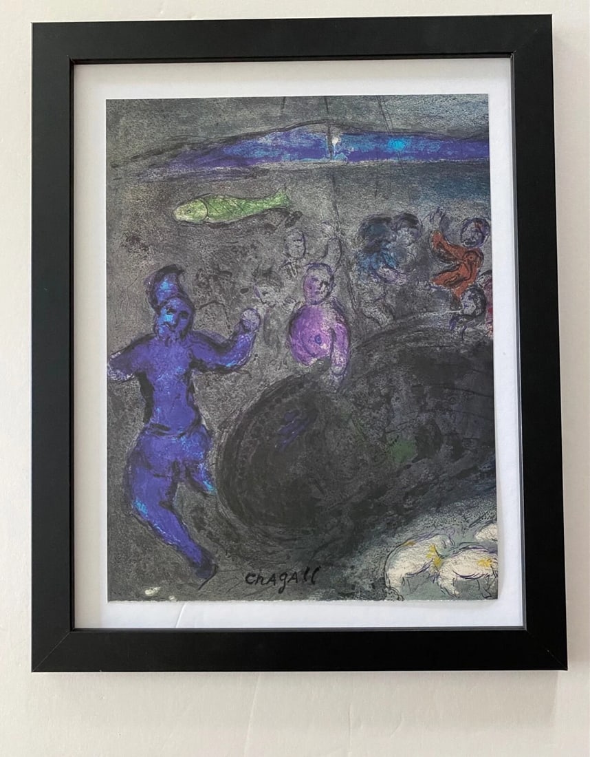 MARC CHAGALL | ORIGINAL VINTAGE 1977 PRINT | SIGNED | MOUNTED AND FRAMED: Beautiful and Scarce Original 1977 Print After Marc Chagall " Cloe and Daphne " Facsimile Signature in Ink Art Print is about 12 X 10 in. This piece is mounted on a 14 x 11 in. black acid free