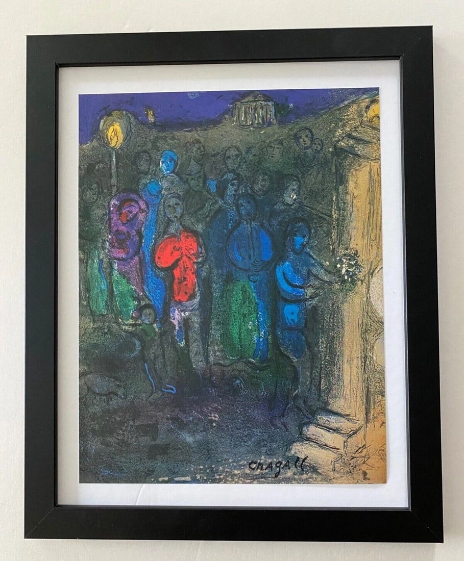 MARC CHAGALL | ORIGINAL VINTAGE 1977 PRINT | SIGNED | MOUNTED AND FRAMED: Beautiful and Scarce Original 1977 Print After Marc Chagall " Cloe and Daphne " Facsimile Signature in Ink Art Print is about 12 X 10 in. This piece is mounted on a 14 x 11 in. black acid free