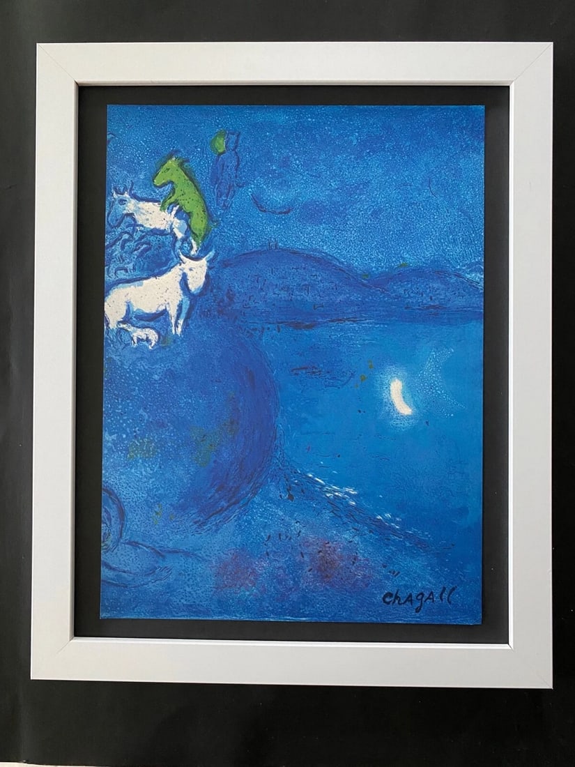 MARC CHAGALL | ORIGINAL VINTAGE 1977 PRINT | SIGNED | MOUNTED AND FRAMED: Beautiful and Scarce Original 1977 Print After Marc Chagall " Cloe and Daphne " Facsimile Signature in Ink Art Print is about 12 X 10 in. This piece is mounted on a 14 x 11 in. black acid free