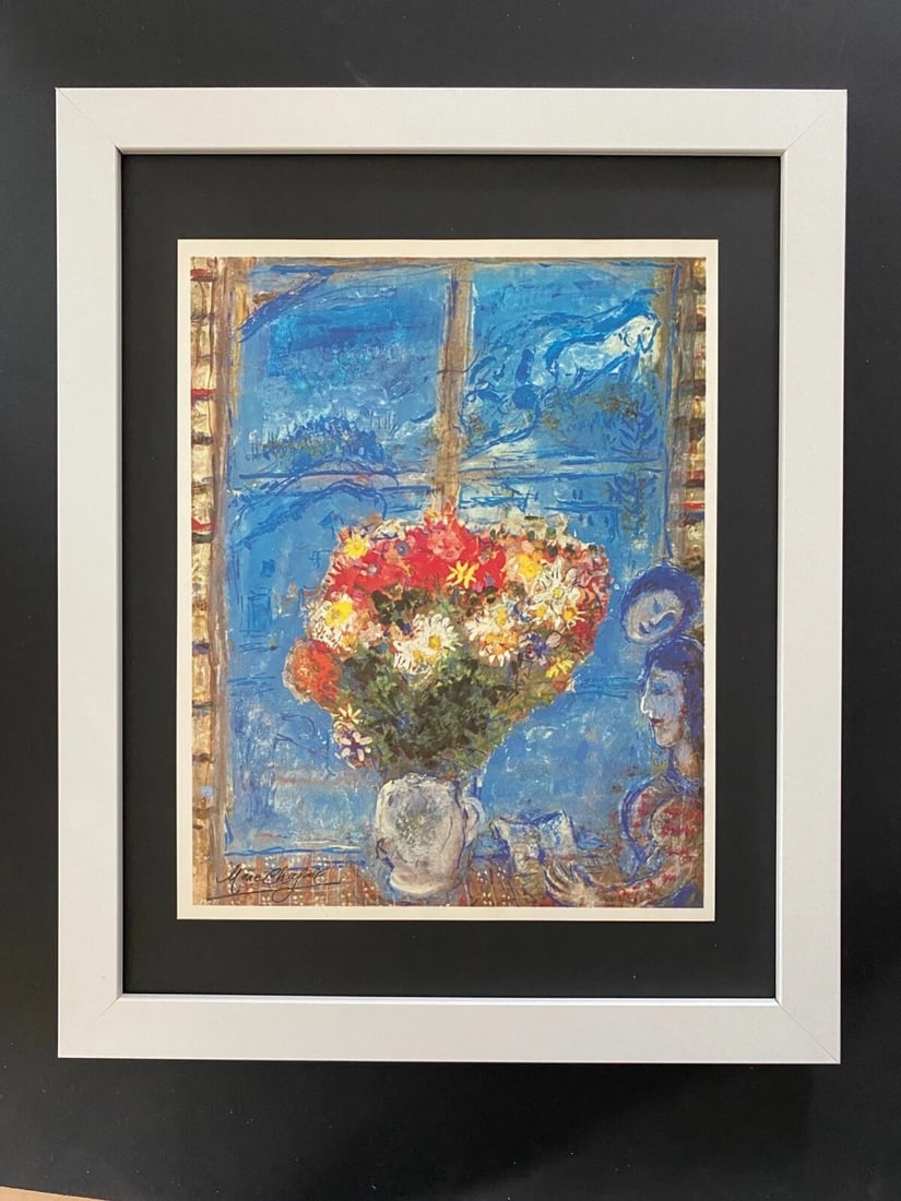MARC CHAGALL | ORIGINAL VINTAGE 1975 PRINT | SIGNED | MOUNTED AND FRAMED: Beautiful and Scarce Original 1975 Print After Marc Chagall "Woman at the window" Facsimile Signature in Ink Published by Verlag Schauberg in Koln, West Germany Art Print is about 11 1/2 X 9 in. This