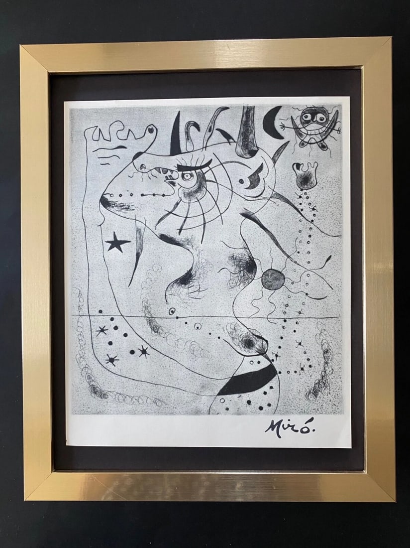 Joan Miro | Vintage 1958 Signed Print | Mounted and Framed: Up for Auction this Beautiful and Scarce Vintage 1958 Print JOAN MIRO Facsimile Signature in ink. Art Print is about 12 X 9 in. This piece is Mounted in an acid free blackboard and Framed covering