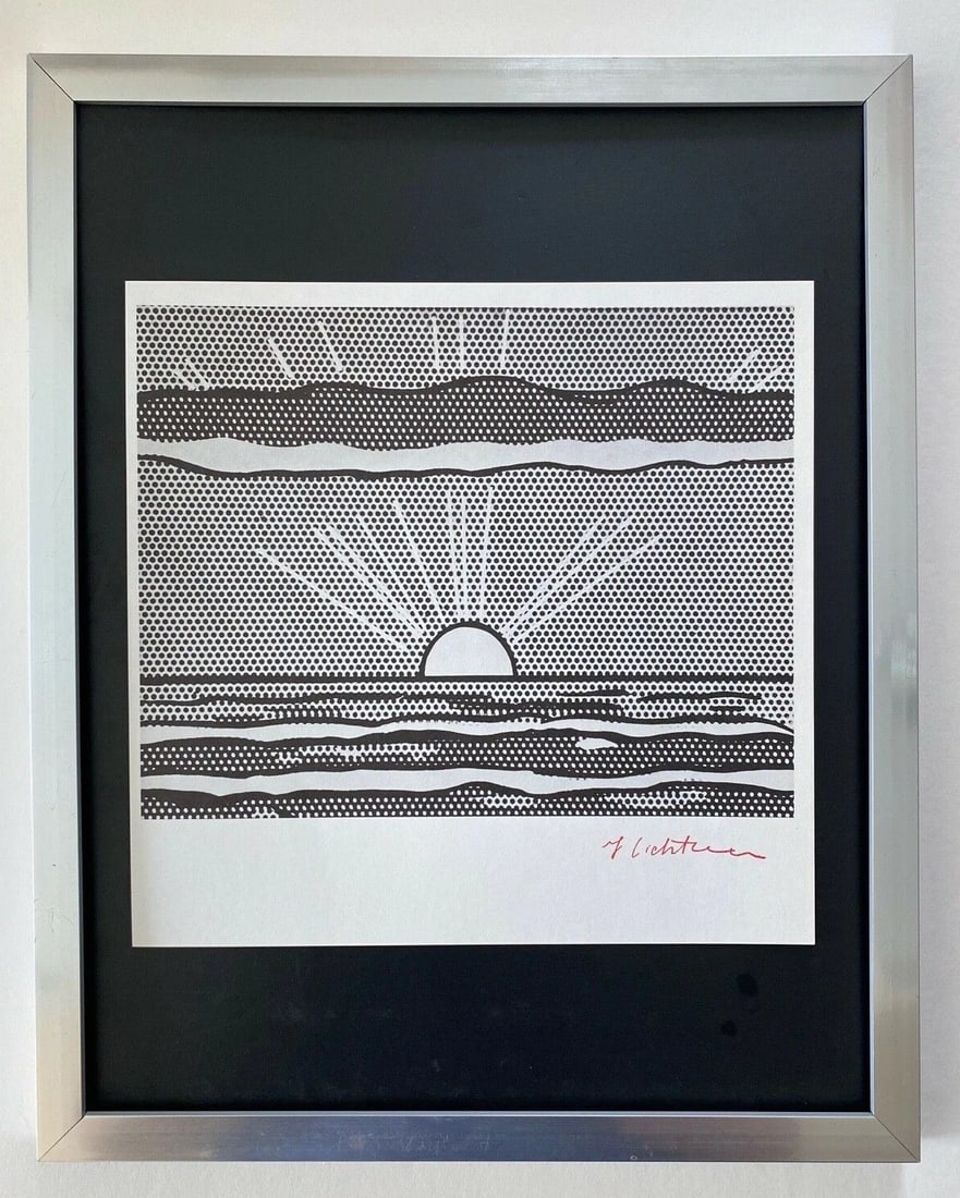 Roy Lichtenstein | Vintage 1970 Signed | Mounted & Framed Offset Lithograph: Up for Auction this Beautiful and Scarce Vintage 1972 Offset Lithograph Roy Lichtenstein "LANDSCAPE" Stamp Signed Art Print is about 8 X 9 in. This piece is mounted on a 11 x 14 in. black acid free