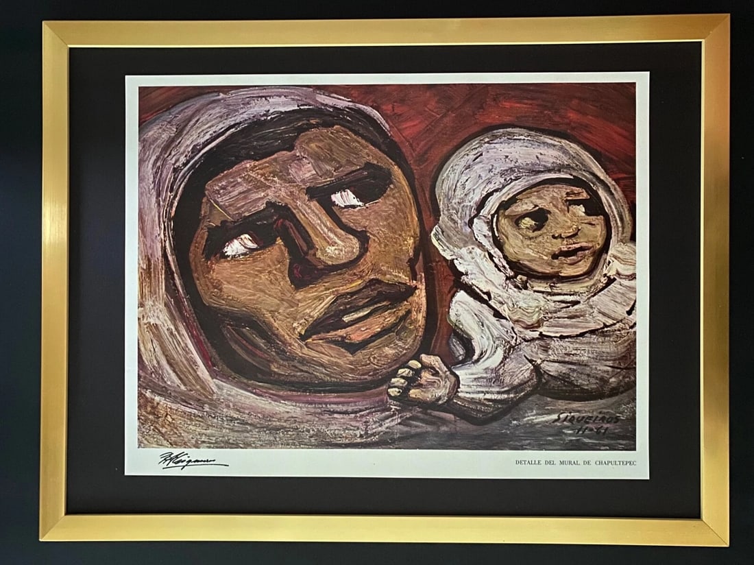 DAVID ALFARO SIQUEIROS | SIGNED LIMITED EDITION FRAMED PRINT FROM MEXICO: DAVID ALFARO SIQUEIROS "DETALLE DEL MURAL DE CHAPULTEPEC" 1965 VINTAGE PRINT FACSIMILE SIGNED IN INK ALSO WITH SIGNED IN THE PLATE AND TITLED THIS IS A HIGH QUALITY COLOR PLATE IN GLOSSY PAPER