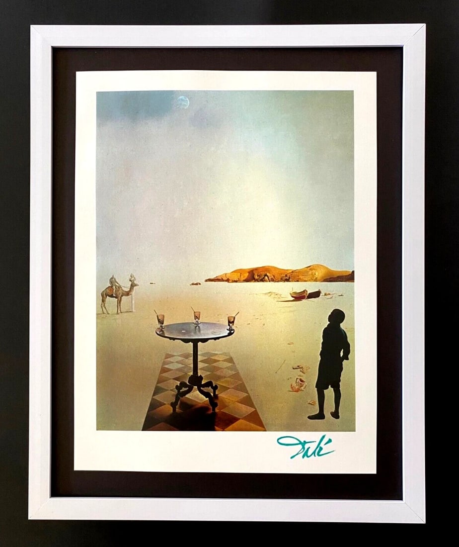 SALVADOR DALI | Vintage 1970 Signed | Framed Offset Lithograph | New Frame: Up for Auction this Beautiful and Scarce Vintage 1970 Offset Lithograph after SALVADOR DALI " Sun Table " Facsimile Signed in ink This art print is mounted on a 11 x 14 in. black acid free black board