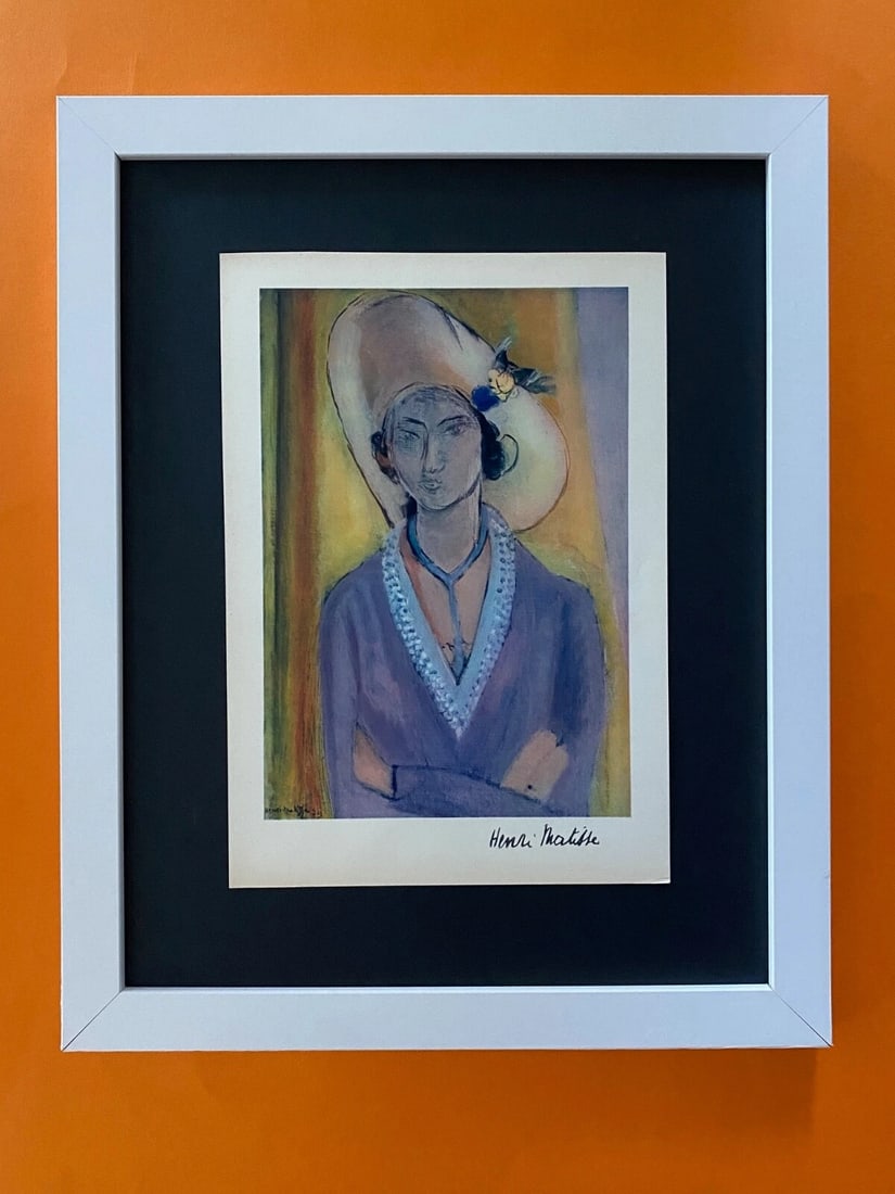 HENRI MATISSE + VINTAGE 1948 BEAUTIFUL SIGNED PRINT + FRAMED: This is Colorful Original 1948 Print After HENRI MATISSE FACSIMILE SIGNED IN INK Mounted in an acid free black board and Framed covering an area of 15x2 in. Art Print is about 9x8 in. Printed in