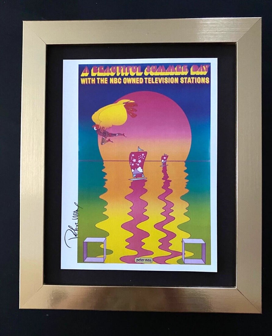 Peter Max | Vintage Print Signed | Mounted in a New 10x8 in Frame: Up for Sale this Beautiful Vintage Offset Lithograph after Peter Max Facsimile Signed This piece is mounted on a 10 x 8 in. black acid free black board. Matted in White. Framed in Silver covering an