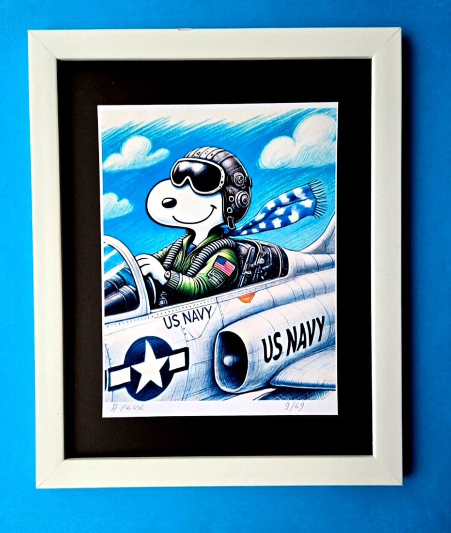 AIDAN FLUX | Hand Signed Highly Collectable Print X/69 SNOOPY US NAVY PILOT COA: This is a one-of-a-kind Hand Signed Authentic Giclee by AIDAN FLUX. From his Series " American Icons" Aidan Flux has become one of the most important Snoopy cartoonists of the 21st century. The