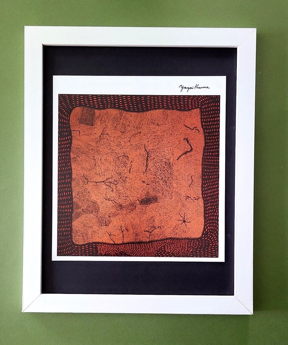 Signed Yayoi Kusama 1990s Pop Art Print Framed Contemporary Art Ready to Hang: Up for Sale this Beautiful and Scarce Vintage Offset Lithograph After Yayoi Kusama Facsimile Signed in Ink. This piece is mounted on a 11 x 14 in. black acid free black board. Framed in White covering