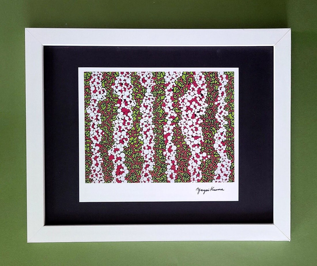 Signed Yayoi Kusama 1990s Pop Art Print Framed Contemporary Art Ready to Hang: Up for Sale this Beautiful and Scarce Vintage Offset Lithograph After Yayoi Kusama Facsimile Signed in Ink. This piece is mounted on a 11 x 14 in. black acid free black board. Framed in White