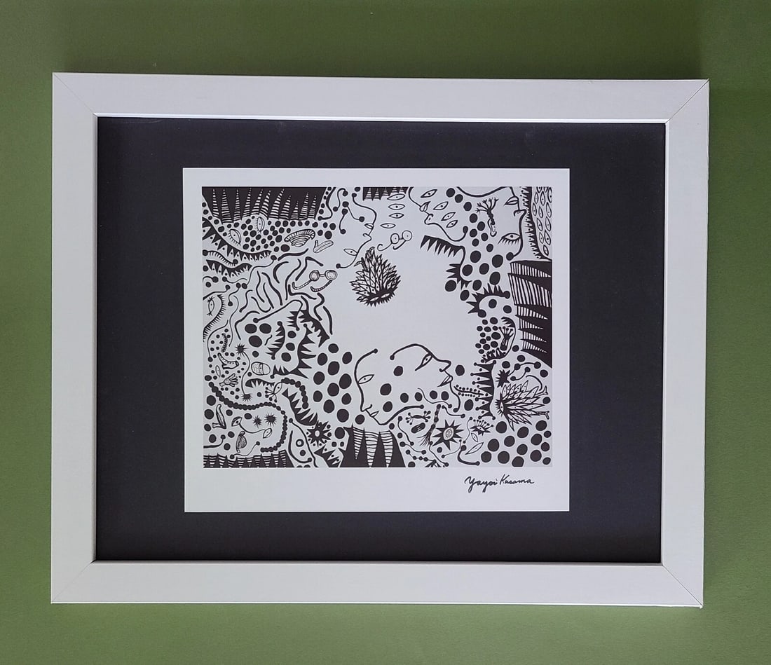 Signed Yayoi Kusama 1990s Pop Art Print Framed Contemporary Art Ready to Hang: Up for Sale this Beautiful and Scarce Vintage Offset Lithograph After Yayoi Kusama Facsimile Signed in Ink. This piece is mounted on a 11 x 14 in. black acid free black board. Framed in White