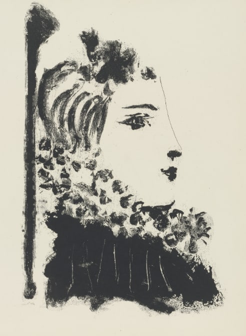 1985 Picasso Heliogravure 14 Profile of a woman wearing a ruff: Title: 1985 Picasso Heliogravure 14 Profile of a woman wearing a ruff Description: Artist: Pablo PicassoCountry: SpainMedium: Heliogravure 14Marks: Not signed, not numberedPaper Size: 15 x 11 inches