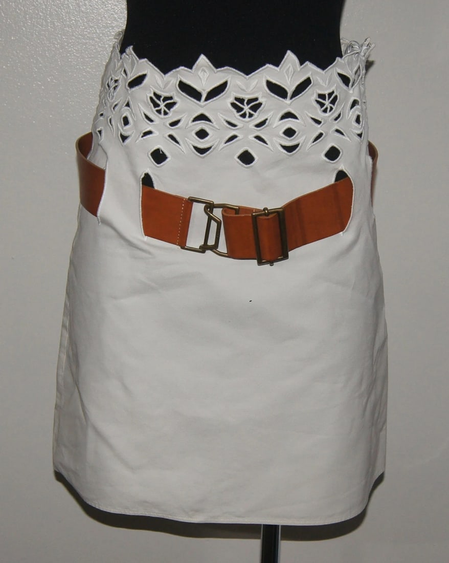 WHITE CHLOE LINEN SKIRT BROWN LEATHER BELT CROCKET STYLISH - 3