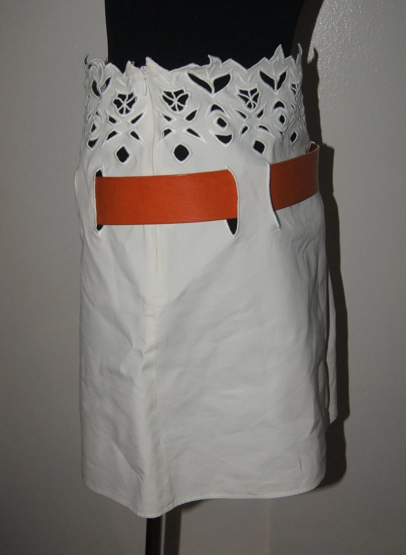 WHITE CHLOE LINEN SKIRT BROWN LEATHER BELT CROCKET STYLISH - 4