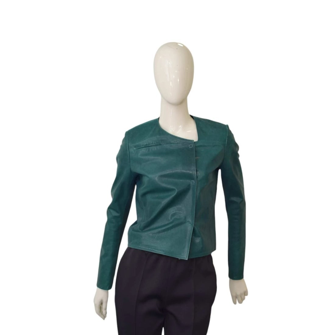 Jo Peters Teal Color Leather Long Sleeves Snap Button Short Jacket size S (1 of 6)