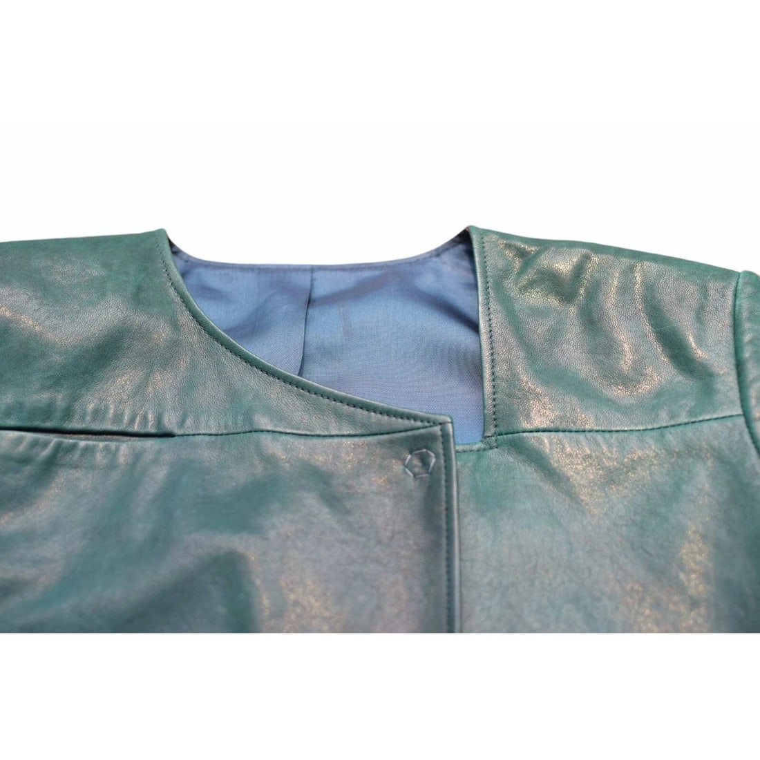 Jo Peters Teal Color Leather Long Sleeves Snap Button Short Jacket size S - 4