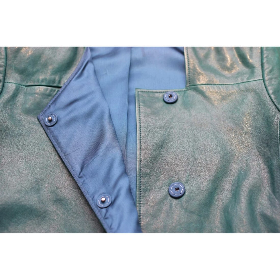 Jo Peters Teal Color Leather Long Sleeves Snap Button Short Jacket size S - 5