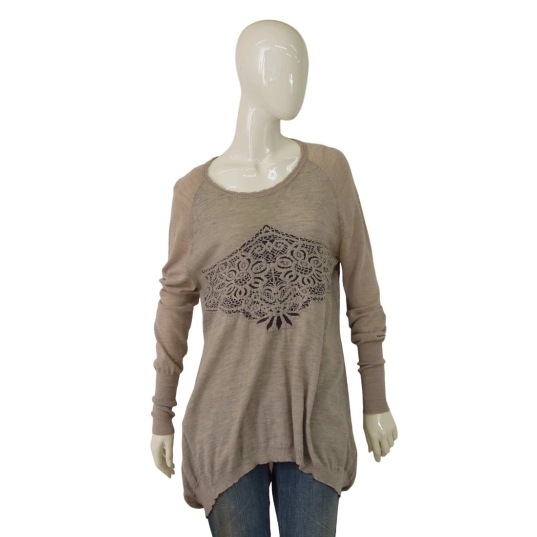 High Beige Flowers Wool Alpaca Sweater Pullover Knit Long Top size M (1 of 7)