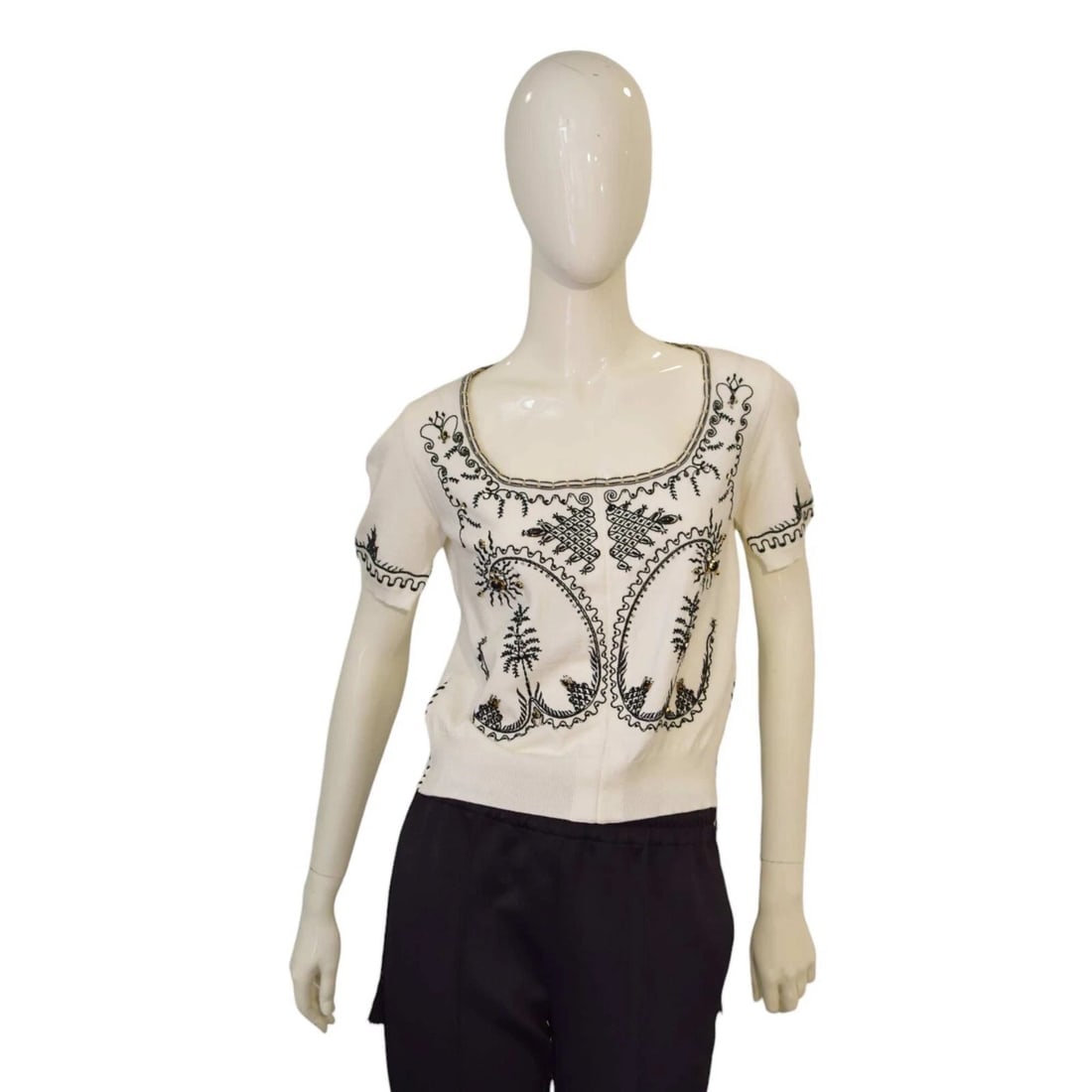 Roberto Cavalli Class Off White & Black Embroidered Beaded Blouse Top sz 46 (1 of 10)