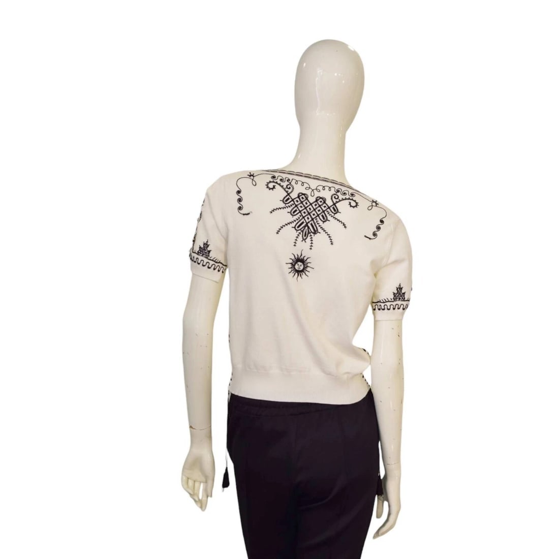 Roberto Cavalli Class Off White & Black Embroidered Beaded Blouse Top sz 46 - 2