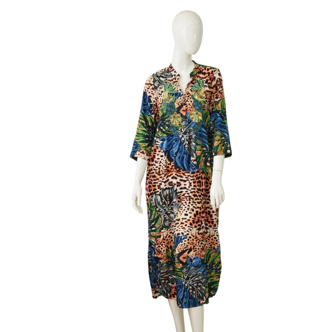 Antica Sartoria Beaded Floral Leopard Print Silk Blend Summer Tunic dress size M (1 of 7)