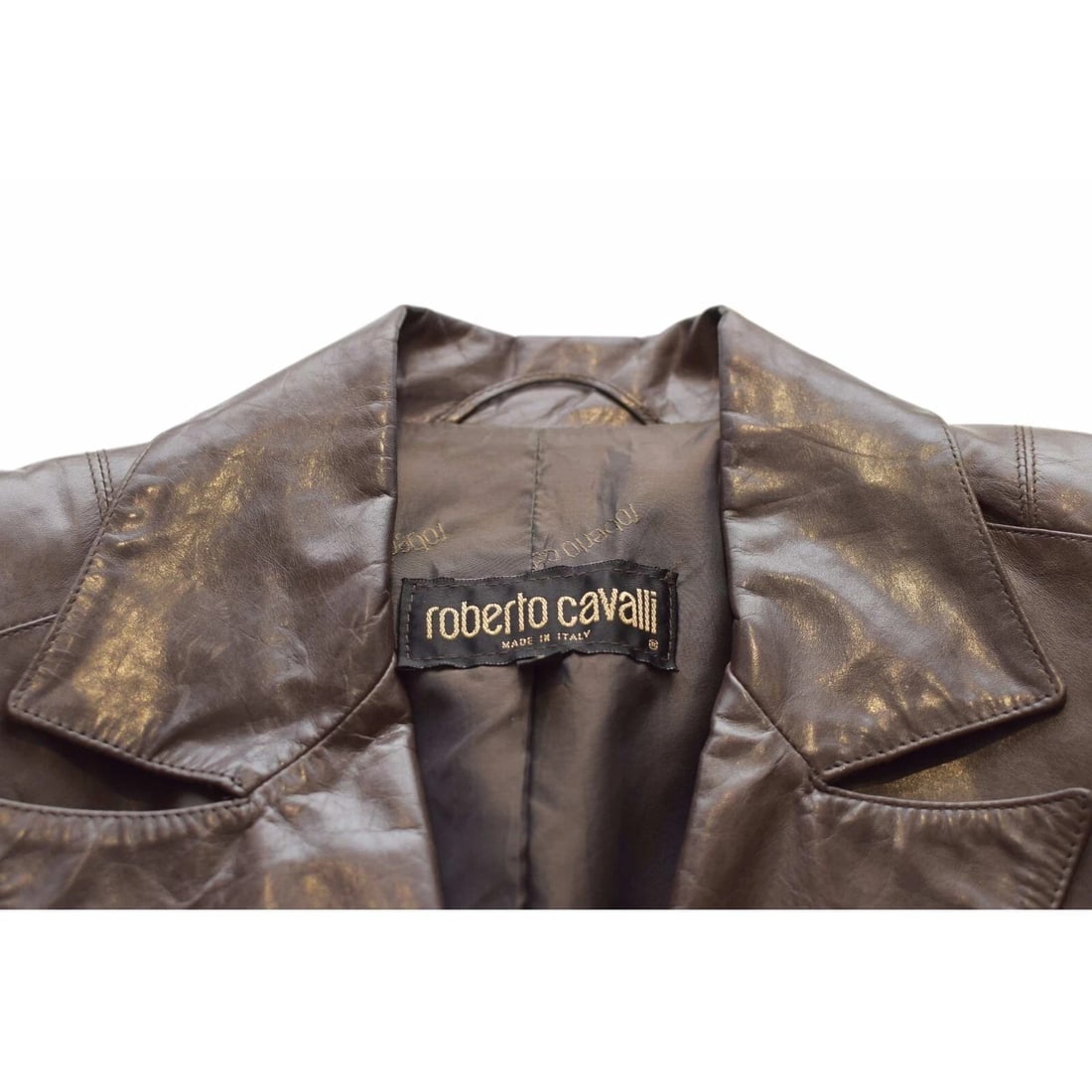 Roberto Cavalli Brown Distressed Leather Button Front Blazer Jacket size S - 3