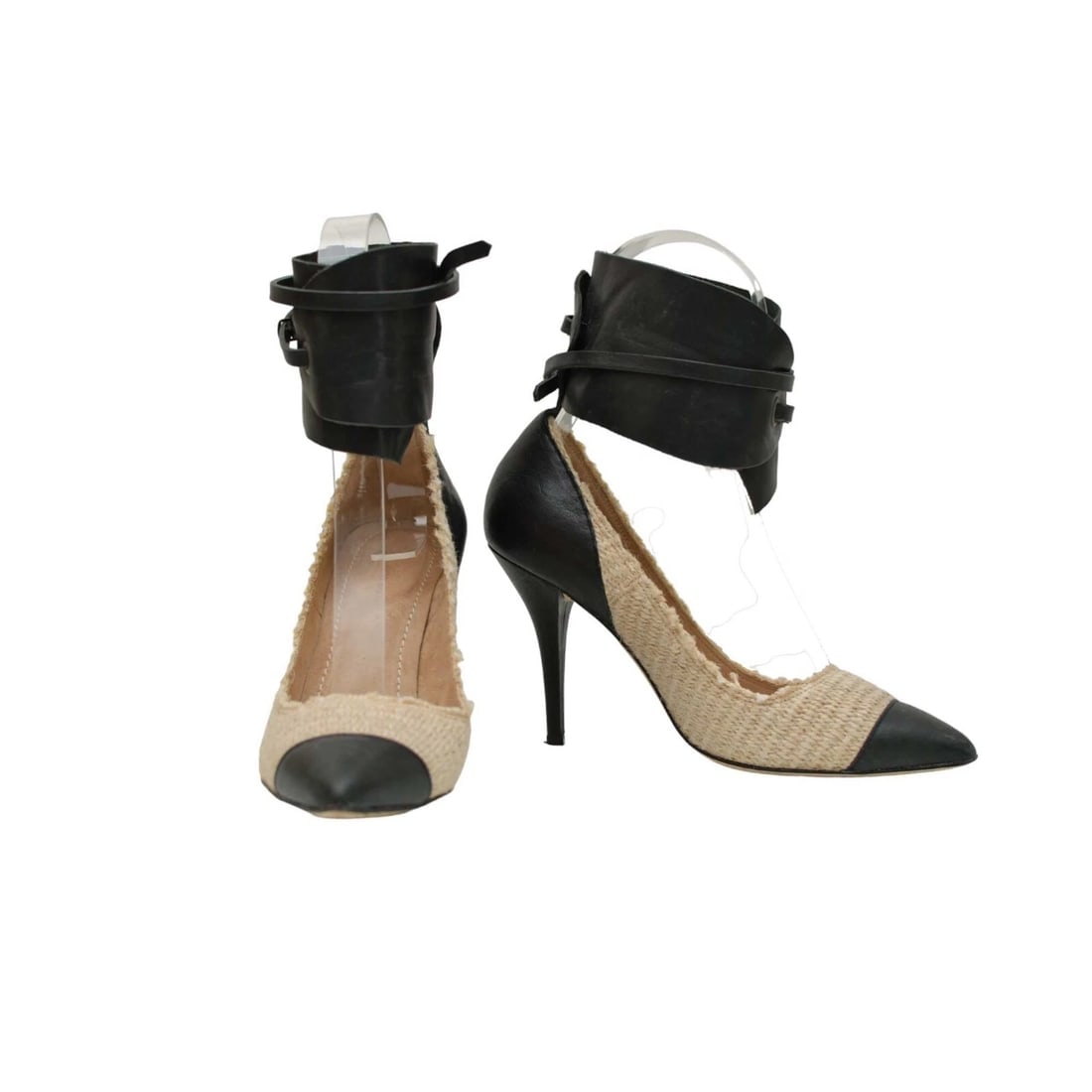 Isabel Marant Gava Beige Raffia Black Leather Ankle Cuff Heel Pumps Shoes 40 - 9