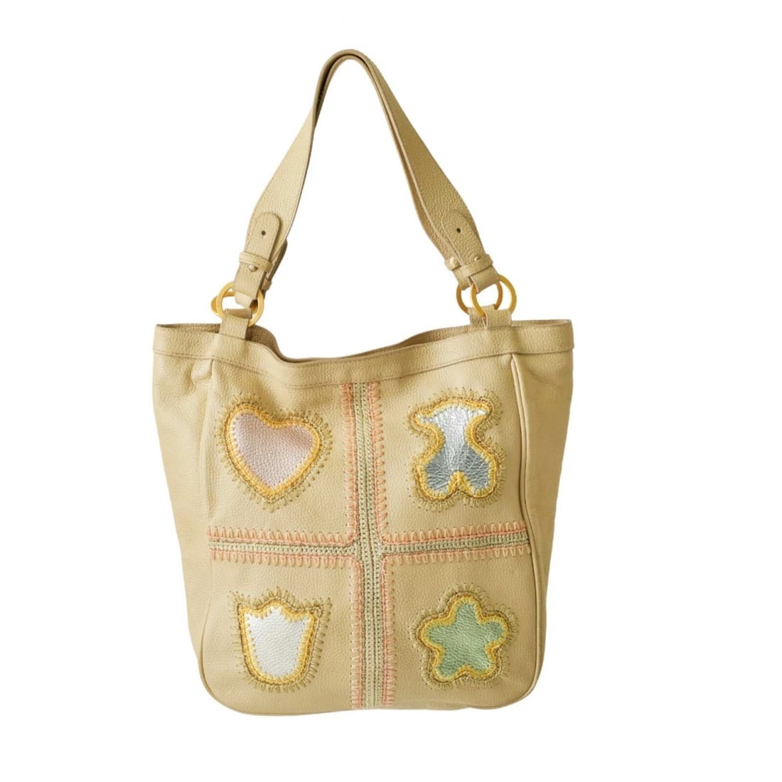 TOUS Beige Leather Signature Bear Embroidery Patchwork Tote Handbag Shoulder bag (1 of 13)