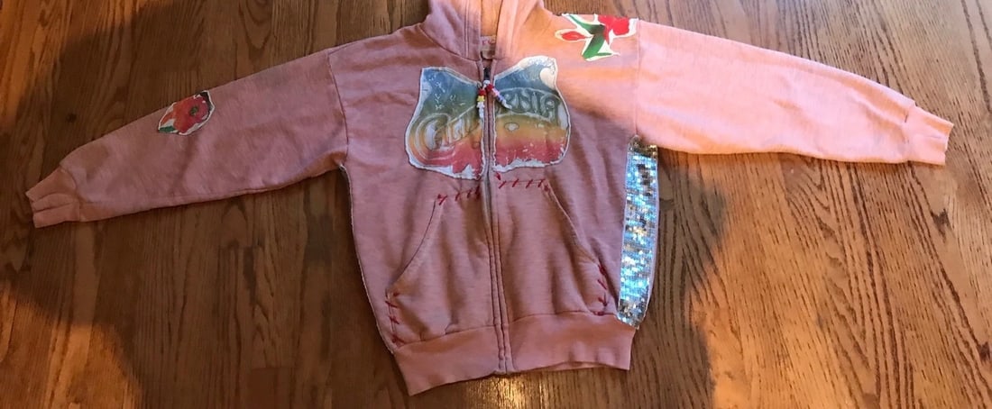 Fresh Cotton Hoodie Size Small Pink And Sequins: Title: Fresh Cotton Hoodie Size Small Pink And SequinsProvenance/Additional Info: DK The chest measurement is 17 inches. From top to bottom it is 21 inches. Length of sleeve is 18 inches. Shoulder to