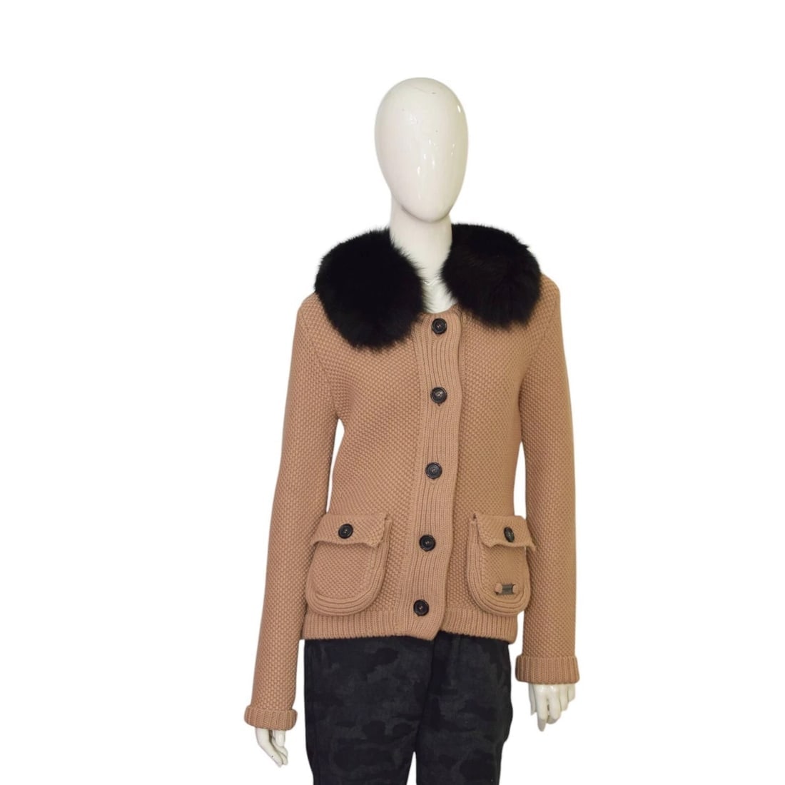 Burberry Beige Wool Knit w. Fur Collar Button Front Cardigan Cardi Top size M (1 of 8)