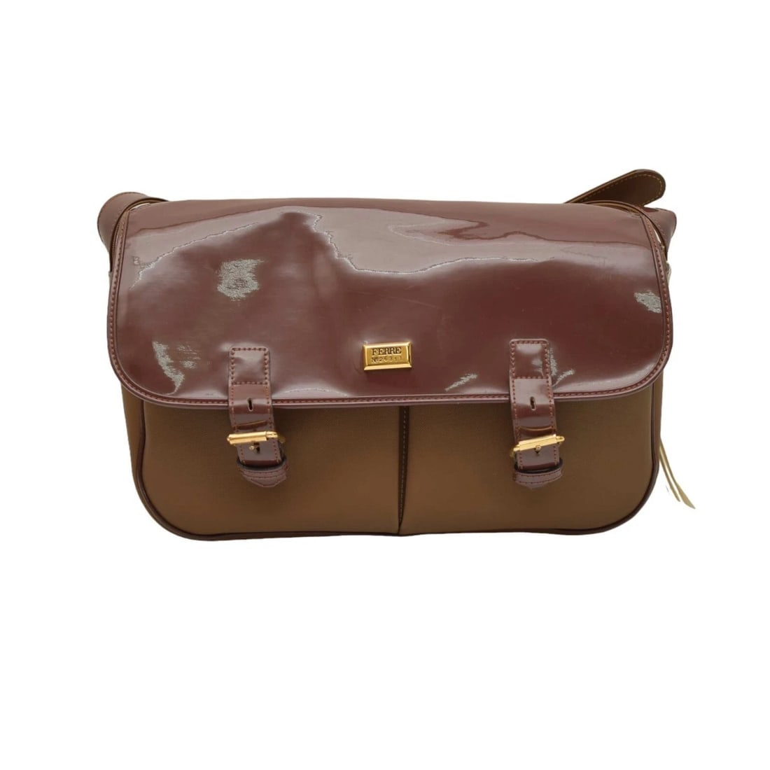 Gianfranco Ferre Brown Canvas Patent Leather Flap Top Shoulder Bag Handbag (1 of 12)