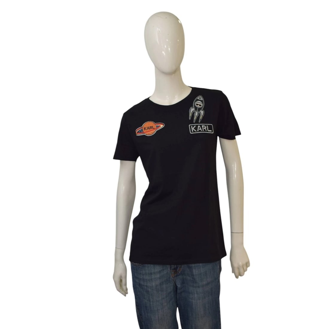 Karl Lagerfeld Black Cotton Short Sleeve Round Neckline T-shirt Blouse Top M: Title:Karl Lagerfeld Black Cotton Short Sleeve Round Neckline T-shirt Blouse Top M Description:Temperley Black Silk Knit Beige Gold Crochet Bib Long Sleeves Mini Dress size L Karl Lagerfeld Black Cott